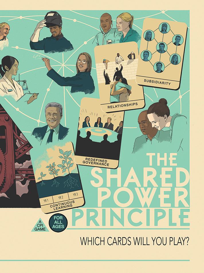 Infographic poster titled "The Shared Power Principle" featuring cards illustrating concepts like subsidiarity, relationships, redefined governance, and continuous learning.