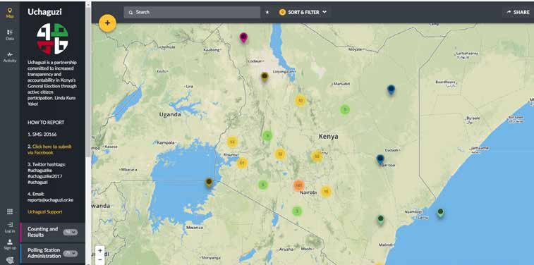 Screenshot of the Uchaguzi web application, displaying a map of Kenya with data points related to election monitoring and results.
