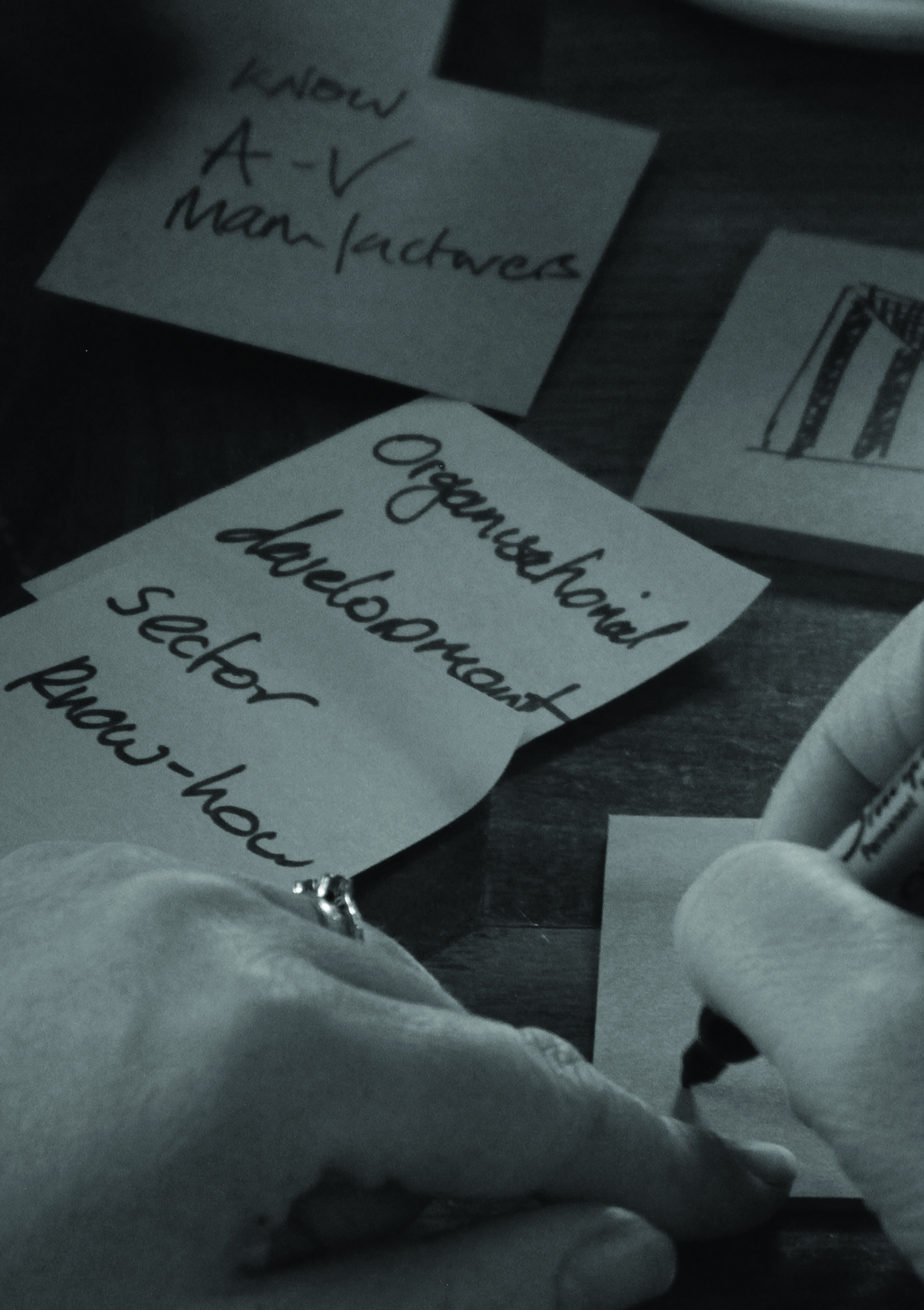 Close-up of a hand writing on a sticky note with visible text like "Organisational development sector know-how," part of a brainstorming activity.