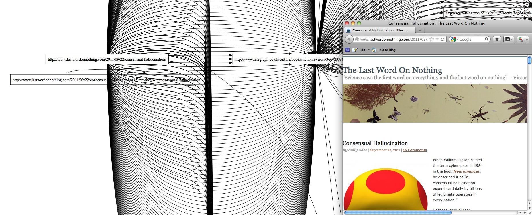 Intricate network visualization with a web browser displaying an article titled 'The Last Word On Nothing' and 'Consensual Hallucination'.