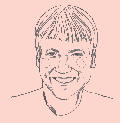 Stylized line drawing of a smiling man with short hair.