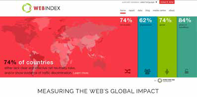 A webpage screenshot from "WEB INDEX" showing a world map highlighting areas, four data bars with percentages (74%, 62%, 74%, 84%), and text about net neutrality rules.