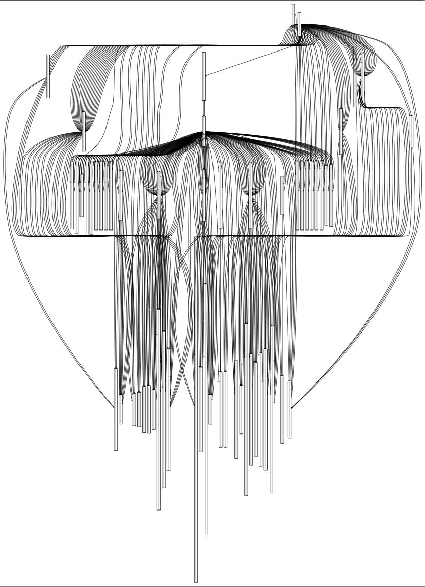 Detailed black and white network diagram, illustrating complex data relationships through interconnected lines and nodes.