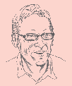 Stylized line drawing of a man with glasses and short hair.