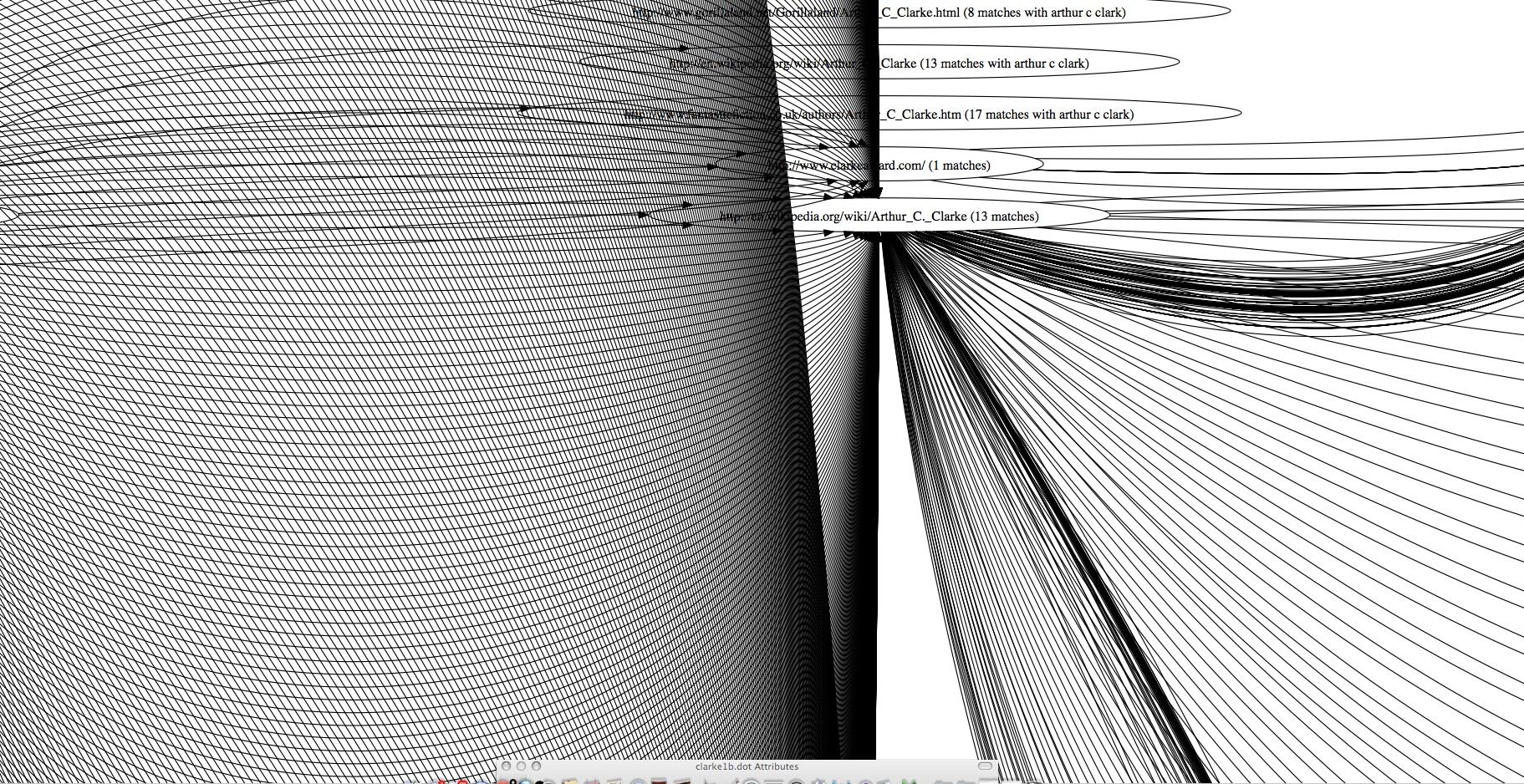 Close-up of a network diagram showing nodes labeled with URLs, such as 'wikipedia.org/wiki/Arthur_C_Clarke', indicating web page connections.