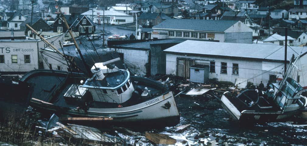 Damaged fishing boats washed ashore in a coastal town, surrounded by debris after a disaster, with houses in the background.