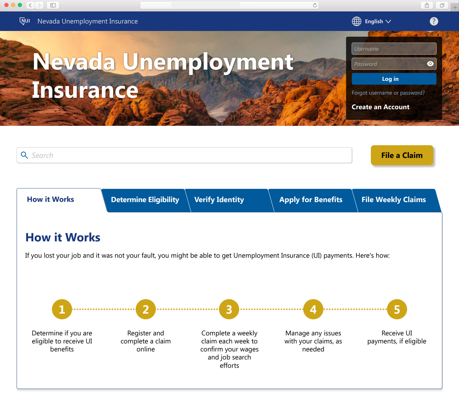 Screenshot of the Nevada Unemployment Insurance website, showing login, search, file claim options, and a 5-step "How it Works" process diagram for UI benefits.