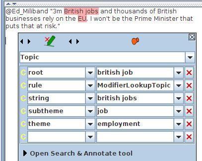 Screenshot of an annotation tool categorizing 'british jobs' into root 'british job', subtheme 'job', and theme 'employment'.