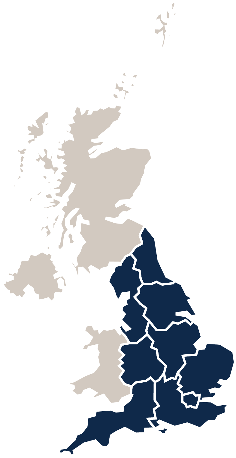 Map of the UK showing regions shaded in tan and dark blue, with some English regions outlined in white.