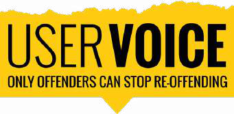 Yellow speech bubble with black text: "USER VOICE. ONLY OFFENDERS CAN STOP RE-OFFENDING."