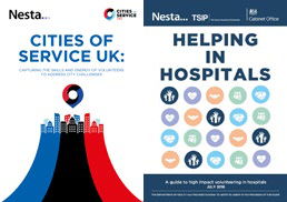 Two covers. Left: Map pin over city skyline for 'Cities of Service UK'. Right: Grid of icons representing volunteer services for 'Helping in Hospitals'.