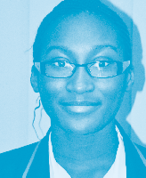 Headshot of a young person with glasses, looking forward, tinted blue.