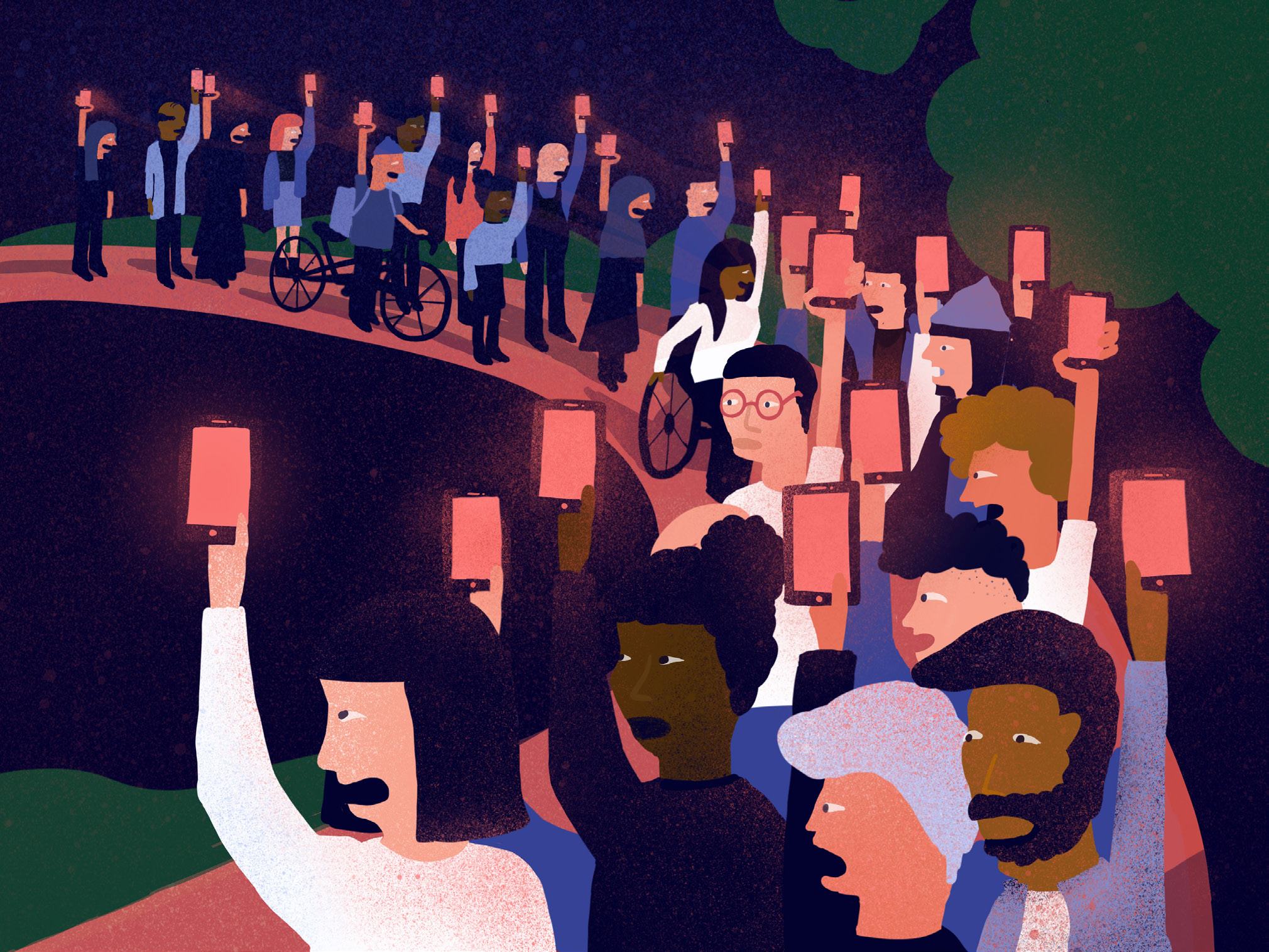 Diverse crowd, including people in wheelchairs, holding up glowing mobile phones in a night scene, symbolizing collective action or shared experience.