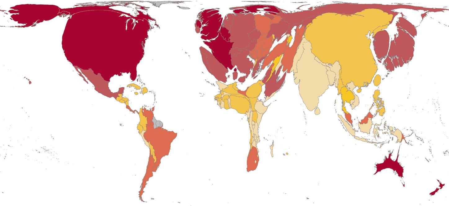 Cartogram world map showing countries distorted by an unspecified variable, with a color scale from light yellow to dark red. The map legend indicates national per capita footprints by color: More than 5.4 global hectares per person (darkest red), 3.6-5.4 global hectares per person, 1.8-3.6 global hectares per person, 0.9-1.8 global hectares per person (lightest red), Less than 0.9 global hectares per person (yellow), and Insufficient data (grey).