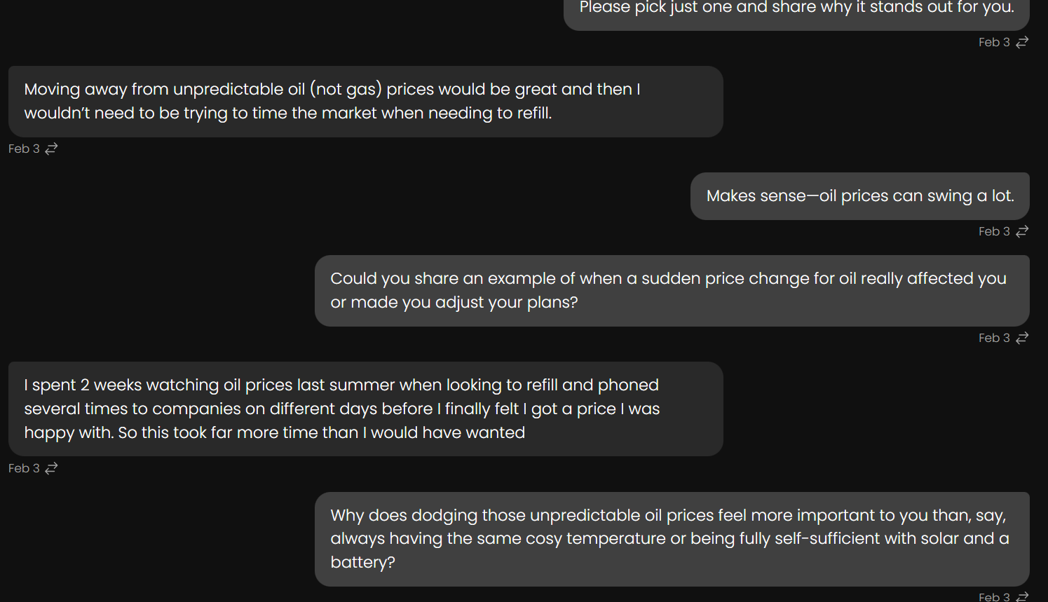 Screenshot of a chat conversation discussing the desire to avoid unpredictable oil prices and the effort involved in finding good prices for refills.
