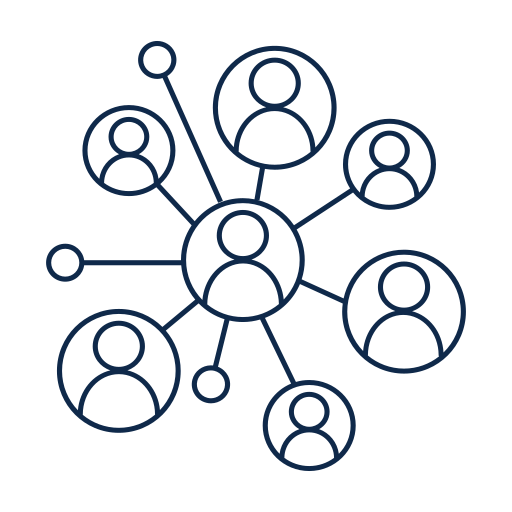 Network diagram showing a central figure icon connected to multiple other figure icons, representing relationships.