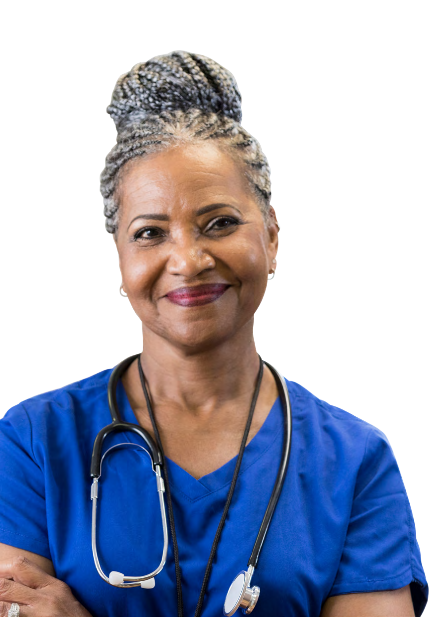 Smiling Black woman healthcare professional wearing blue scrubs and a stethoscope.