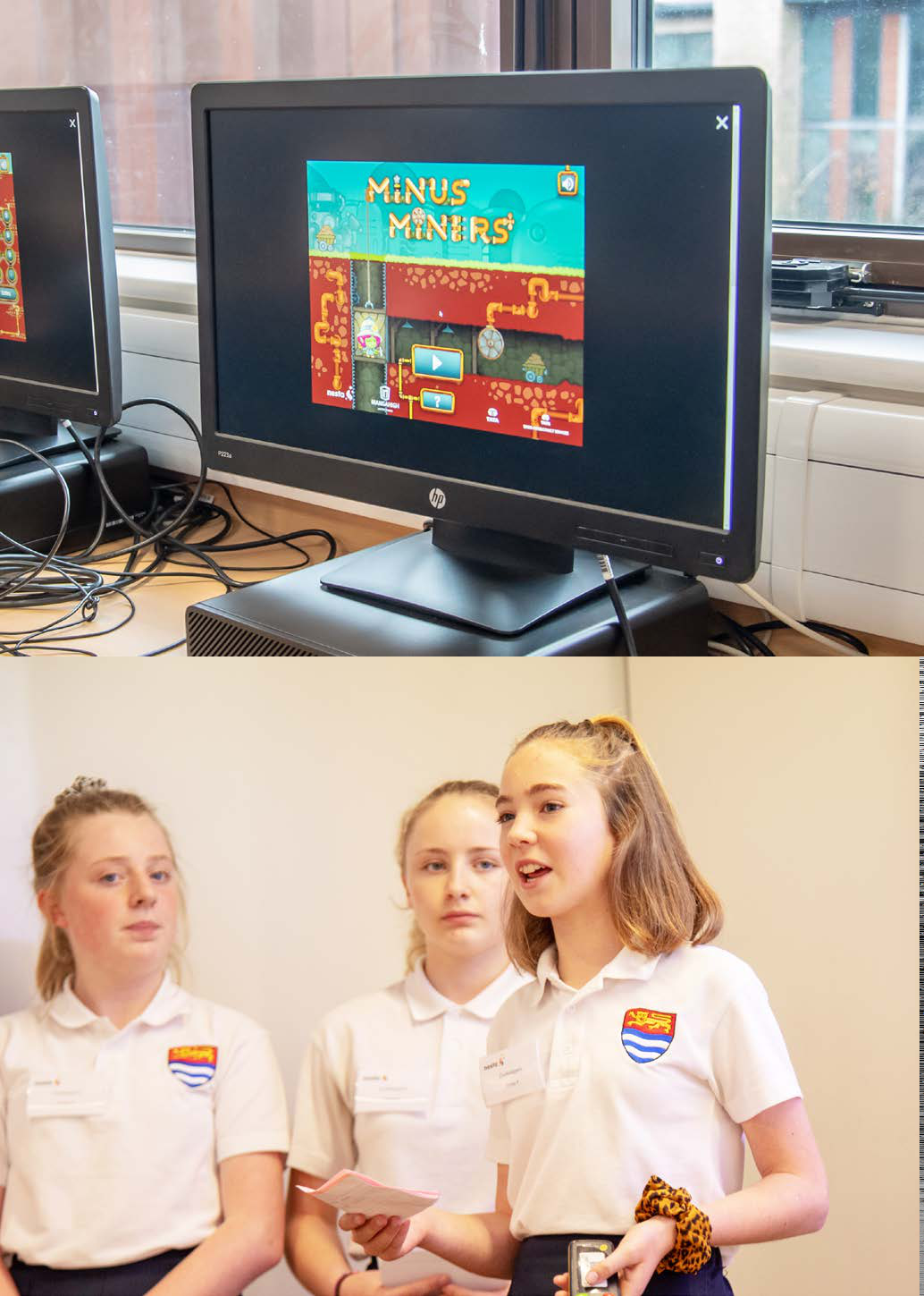 Top image shows a computer displaying "Minus Miners" game. Bottom image shows three female students, one presenting with a phone and paper.