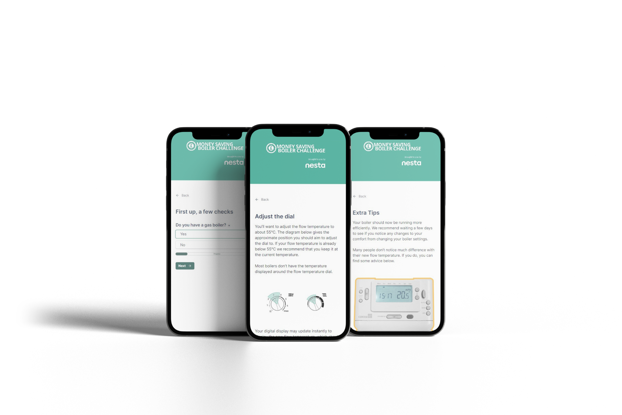 Three smartphone screens showing an app interface for a "Money Saving Boiler Challenge" with steps like checking gas ownership, adjusting dials, and extra tips.