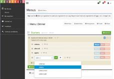 Web application screenshot showing a "Menus" interface with a list of "Starters" ingredients, and a dropdown menu open for adding "celery."
