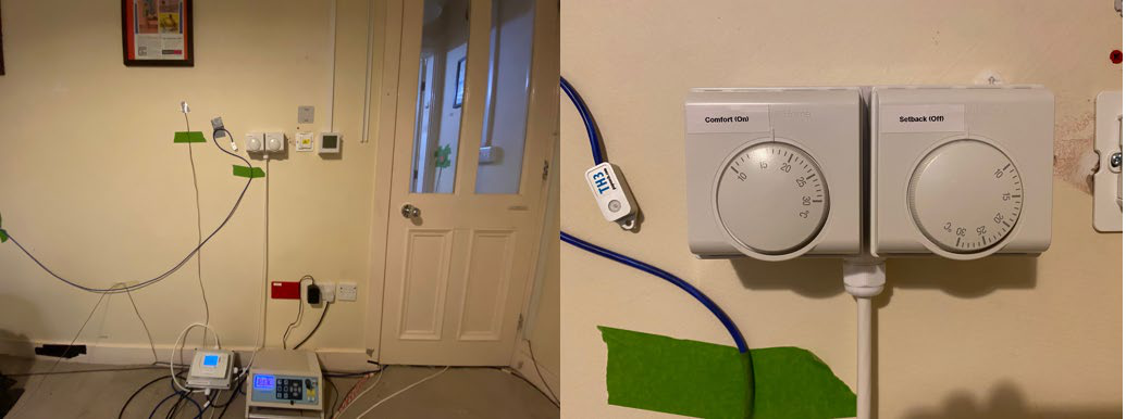Two photos showing a room with scientific equipment, wires, and sensors, including a close-up of 'Comfort IDM' and 'Setback IDM' thermostat devices used in an experiment.