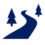 Icon depicting a winding river between two pine trees, representing a journey, natural environment, or pathway.