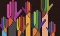 Illustration of multiple raised hands in different colors, symbolizing diversity, unity, and community engagement.