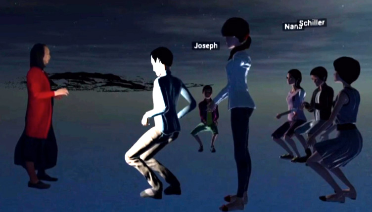 Screenshot of a virtual environment showing several stylized 3D human figures, some with names, interacting in an abstract, dark setting.