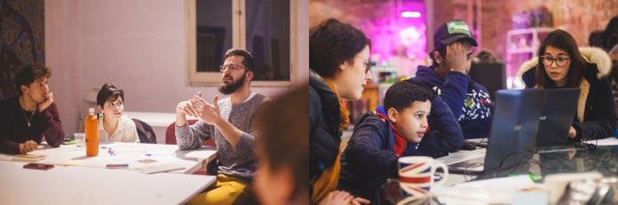 A two-part image showing adults discussing at a table on the left, and younger individuals using laptops on the right.