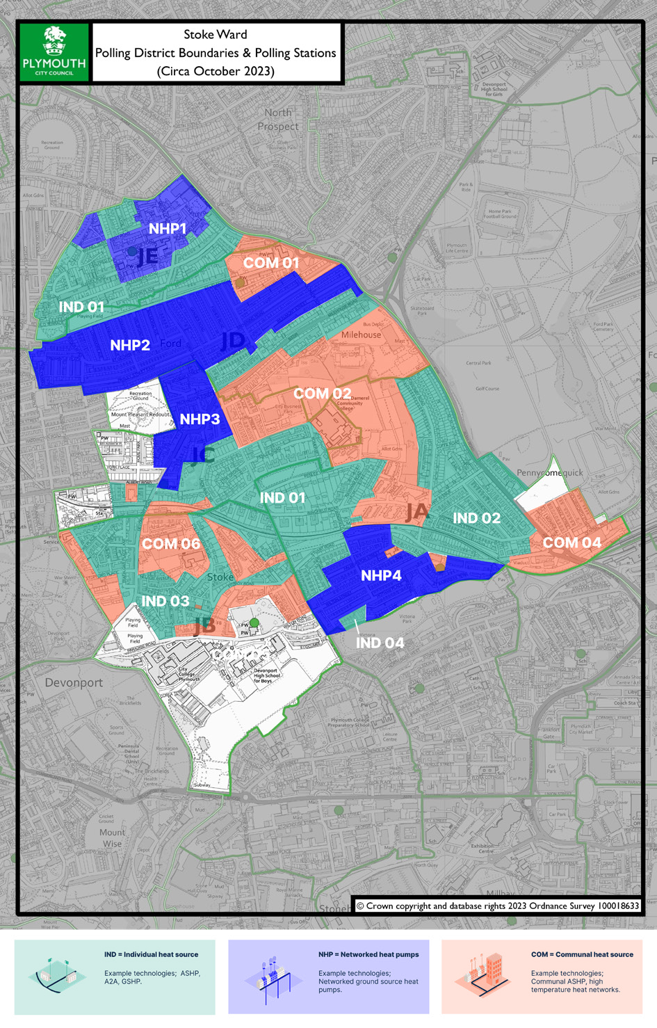 Map of Stoke Ward showing polling district boundaries, polling stations, and areas categorized by individual, networked, and communal heat source types.
