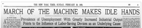 Scanned newspaper clipping from "The New York Times" dated February 26, 1928, with the headline "MARCH OF THE MACHINE MAKES IDLE HANDS"