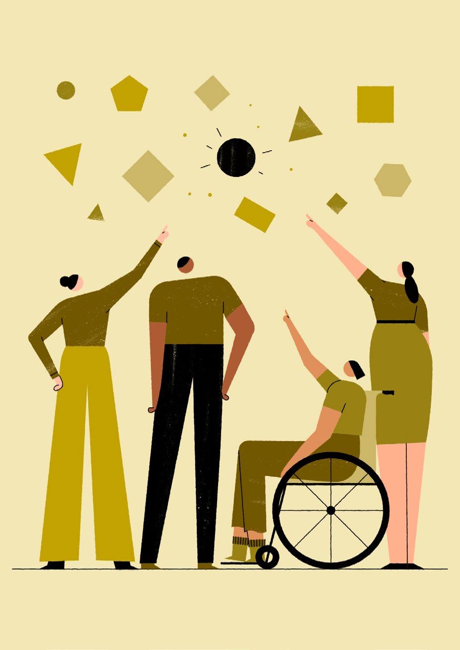 Illustration of a diverse group of four people, including one in a wheelchair, pointing upwards at abstract geometric shapes and a central glowing circle.
