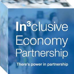 Branded graphic for the In³clusive Economy Partnership with its name and slogan 'There's power in partnership' displayed on a blue cube.