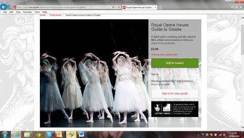 Screenshot of an online store page for "Royal Opera House Guide to Giselle", featuring a ballet performance photo and purchase options.