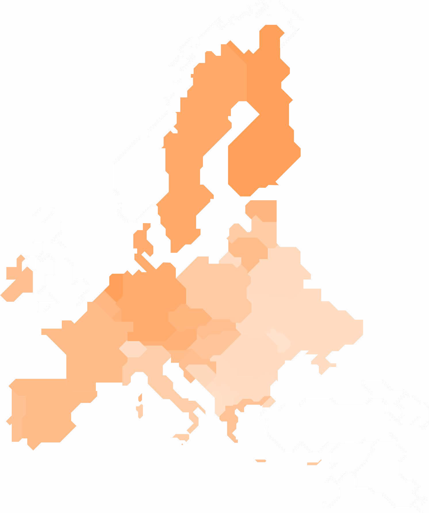 Choropleth map of Europe showing countries shaded in varying tones of orange, likely representing data distribution.