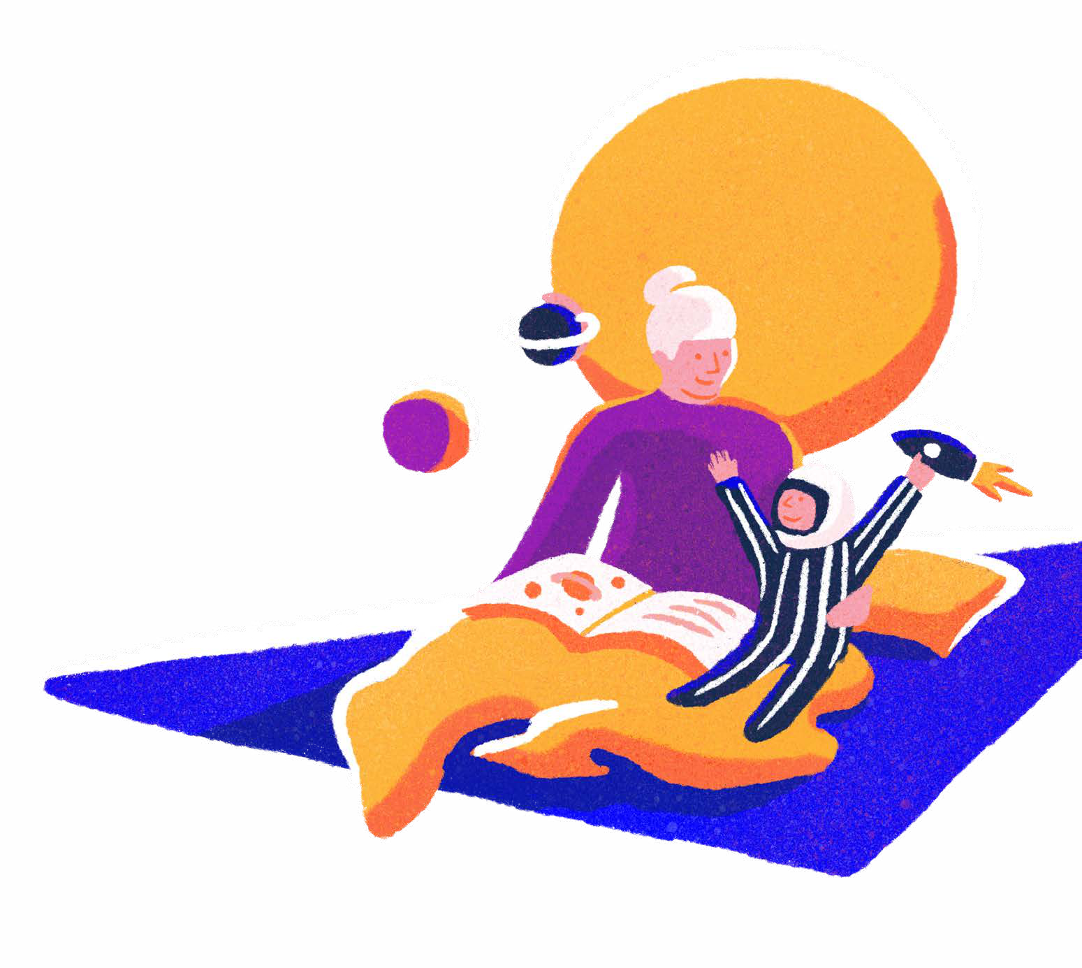 An illustration of an adult reading to a child in an astronaut suit, with planets and a large sun in the background, symbolizing space and learning.