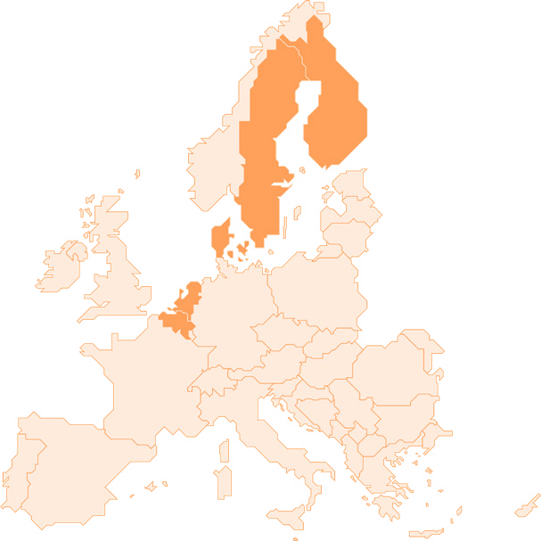 Map of Europe highlighting Finland, Sweden, Denmark, Netherlands, Belgium, and Luxembourg in orange.