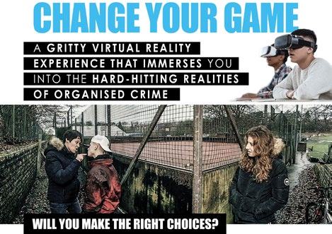 Advertisement for 'Change Your Game' VR experience, showing people with VR headsets and young people in an urban setting.
