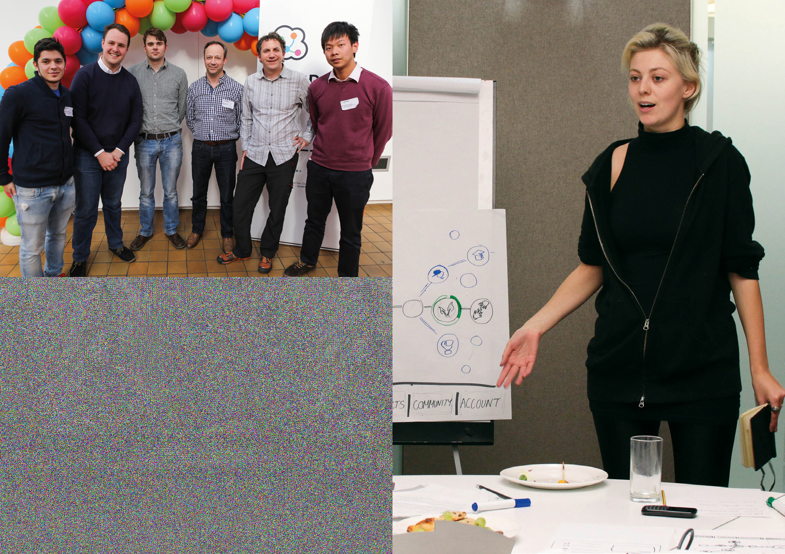 Left: Six men standing in front of balloons. Right: A woman presenting next to a whiteboard with a diagram. This image captures a group and a presentation session.