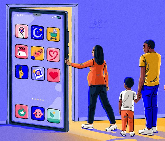 Illustration of a family looking into a large smartphone screen doorway showing various app icons, representing entry into the digital world.