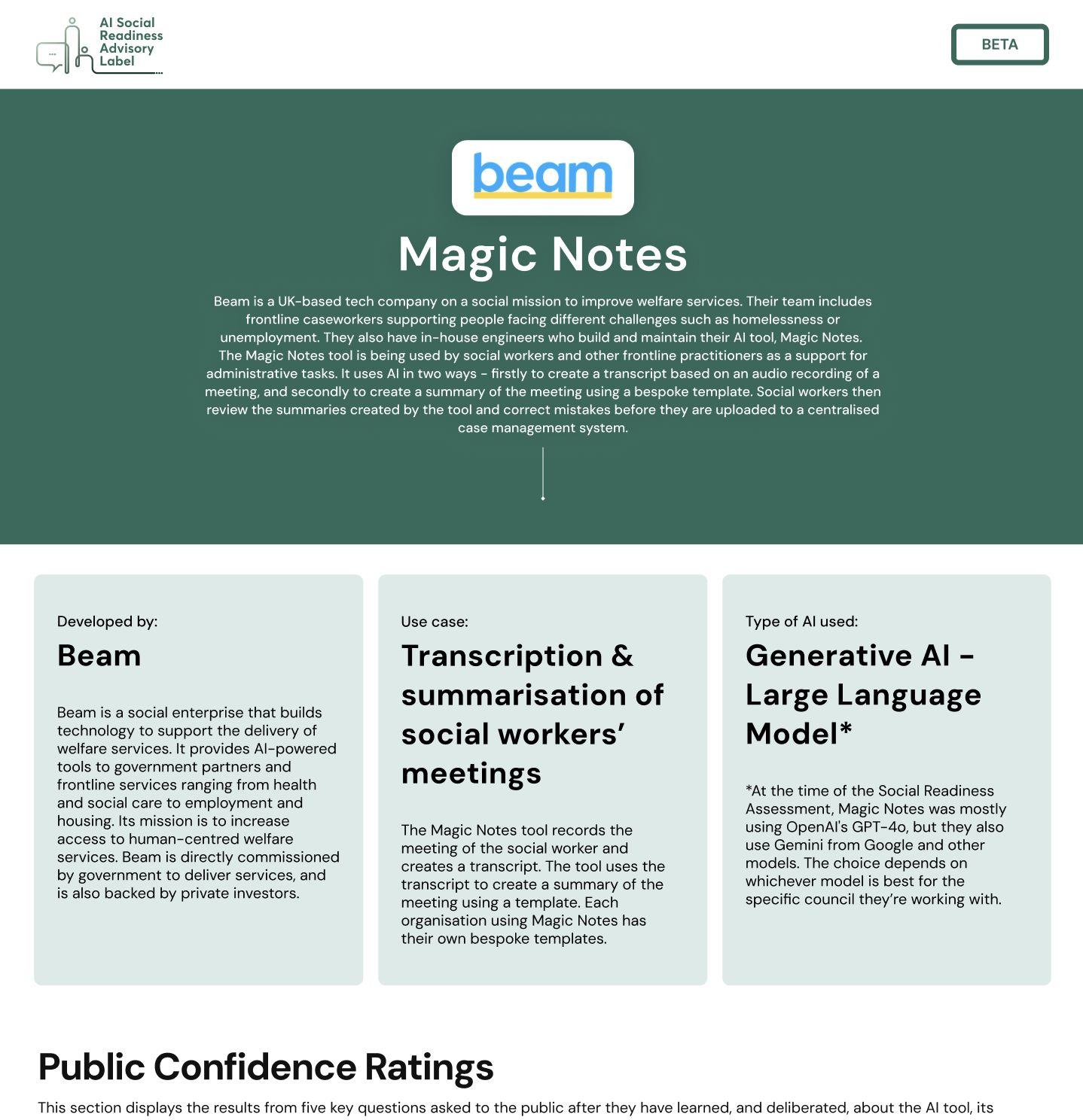 Document panel featuring the "AI Social Readiness Advisory Label" and "beam" logos, with text introducing Beam and their "Magic Notes" AI tool. The panel includes: "Developed by: Beam - Beam is a social enterprise that builds technology to support the delivery of welfare services. It provides AI-powered tools to government partners and frontline services ranging from health and social care to employment and housing. Its mission is to increase access to human-centred welfare services. Beam is directly commissioned by government to deliver services, and is also backed by private investors." "Use case: Transcription & summarisation of social workers' meetings - The Magic Notes tool records the meeting of the social worker and creates a transcript. The tool uses the transcript to create a summary of the meeting using a template. Each organisation using Magic Notes has their own bespoke templates." "Type of AI used: Generative AI – Large Language Model* - *At the time of the Social Readiness Assessment, Magic Notes was mostly using OpenAI's GPT-40, but they also use Gemini from Google and other models. The choice depends on whichever model is best for the specific council they're working with."