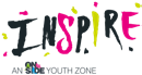 Stylized text "Inspire" in colorful, brush-stroke font, with "On Side Youth Zone" written below, identifying a program or organization.