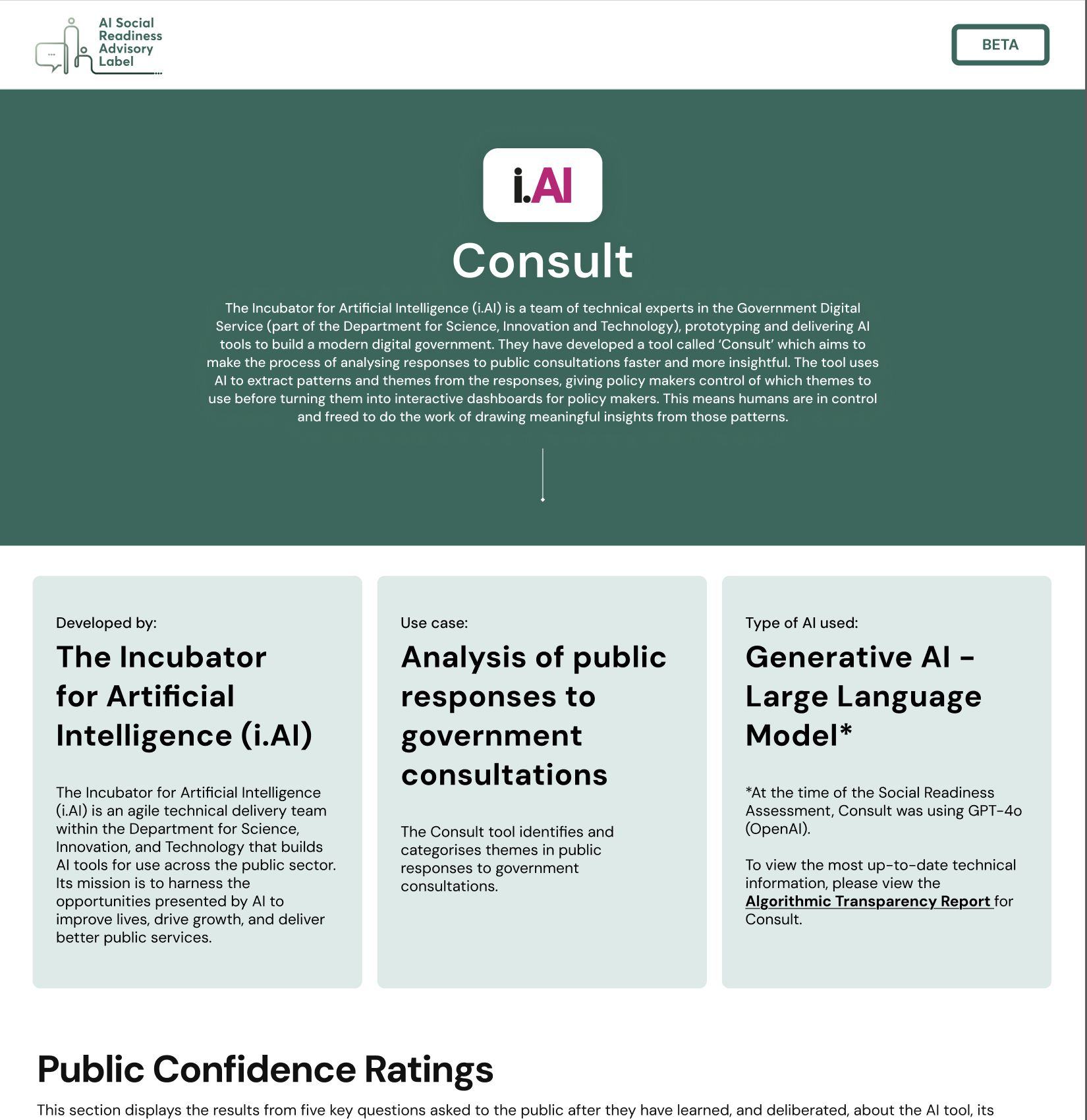 Screenshot of the AI Consult tool's introductory page, detailing its purpose, use case for analyzing public consultations, and identifying it as using Generative AI (Large Language Model).