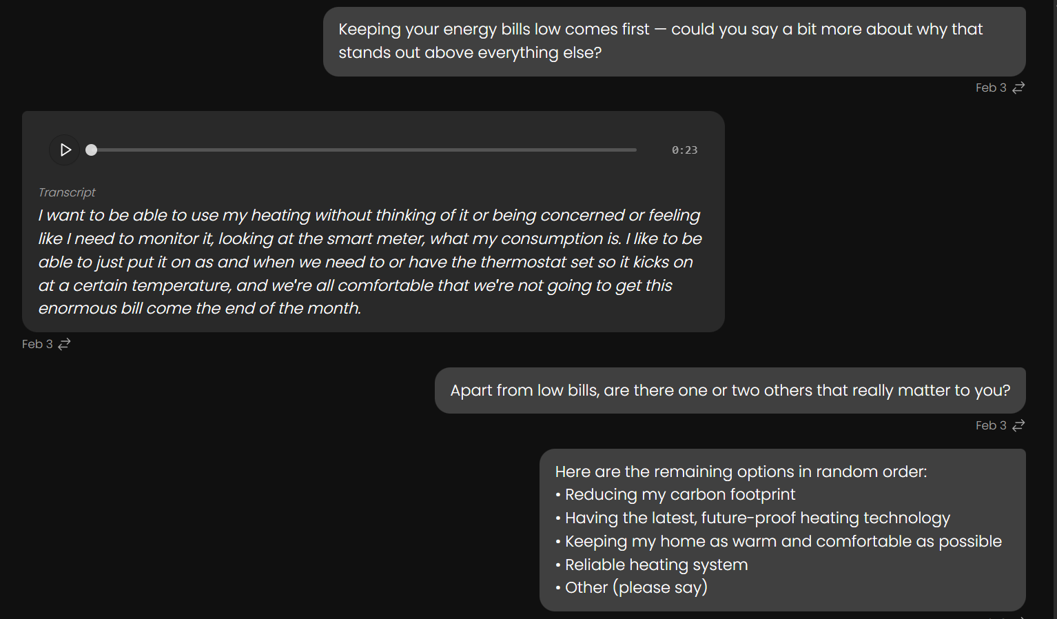 Screenshot of a chat conversation with an audio transcript. The user explains wanting to use heating without monitoring it, focusing on keeping energy bills low.