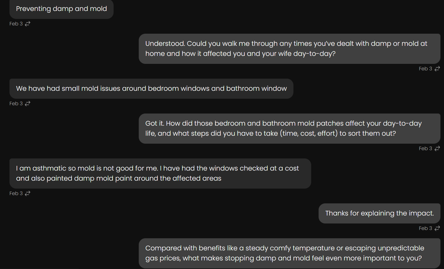 Screenshot of a chat conversation discussing damp and mold issues in a home, the impact on an asthmatic user, and steps taken to address it.